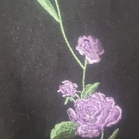 CASCADE BLUE Black faux suede embroidered flowers button up shirt purple pink - Picture 7 of 9